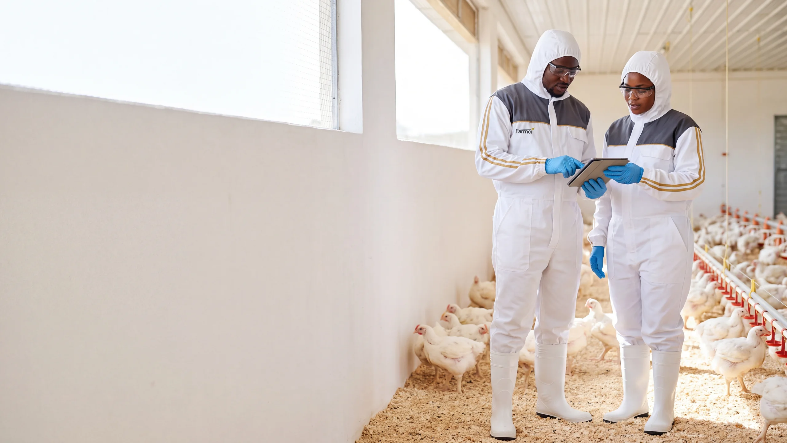 Two Farmci specialists reading a handheld meter together inside a broiler house