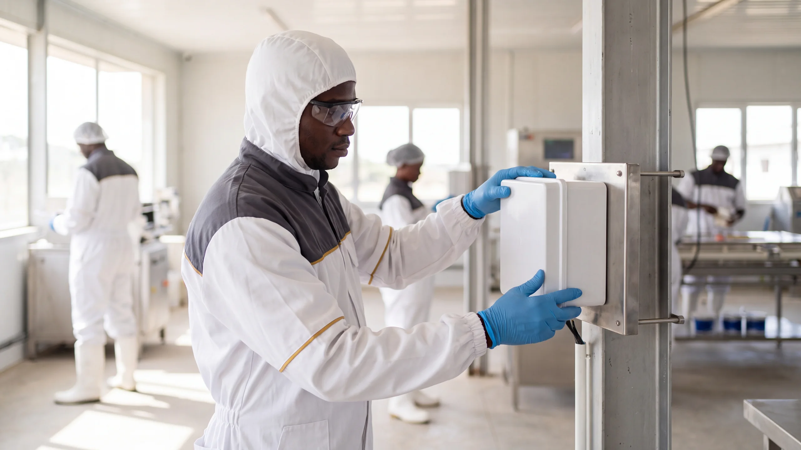 A Farmci sensor being fitted in a broiler house